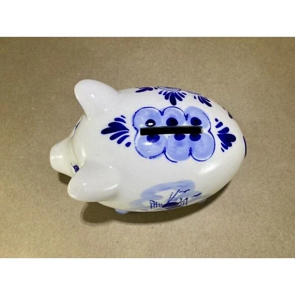 Vtg Hand Painted Delft Blue Small Piggy Coin Bank Holland Collectible w/ Stopper - Picture 2 of 10